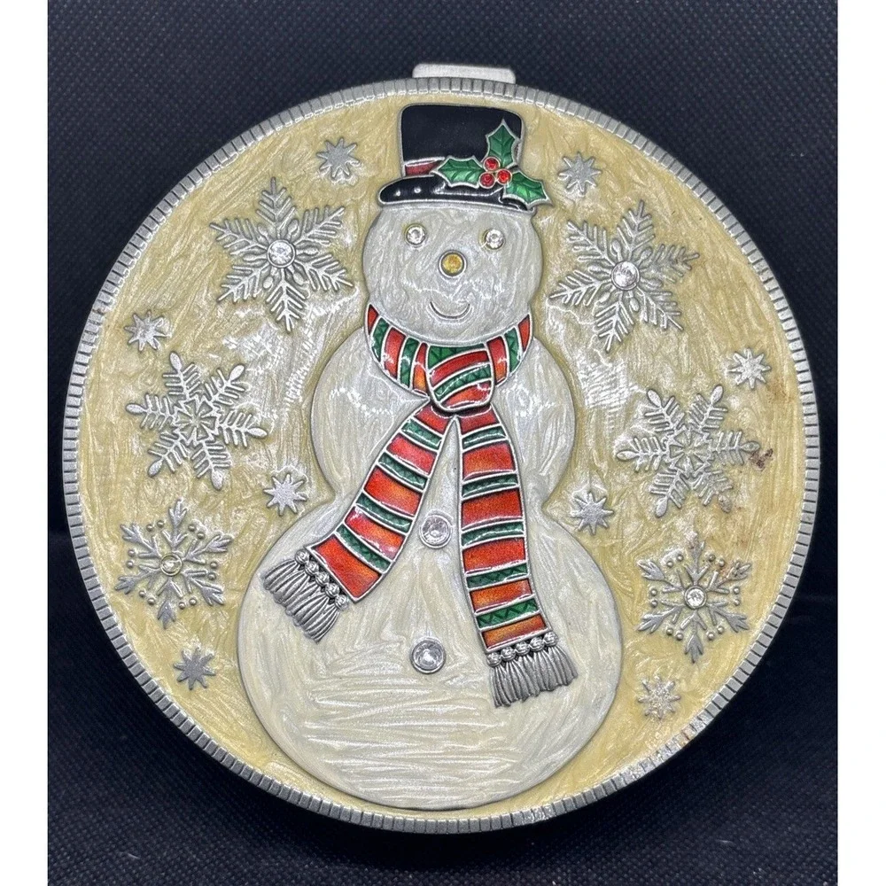 Olivia & Gracie Christmas Snowman Metal Enamel Jewelry Trinket Box W/ Mirror 6